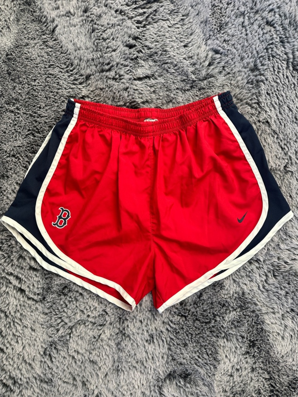 Nike Women's Red Athletic Shorts with Navy Panels and White Trim